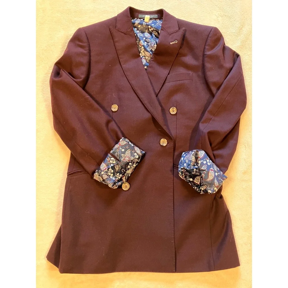 Indochino Double Breasted Blazer Mens 38 Burgundy Paisley Lining Peak Lapel